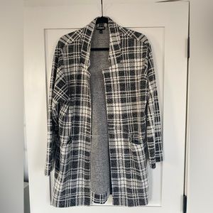 Express Black and White Plaid Long Fuzzy Knit Cardigan